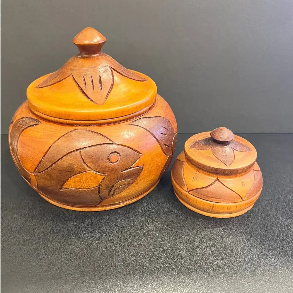Haitian Hand-Carved Two Toned Monkey Pod Wood Lidded Bowls Vintage Folk Art Fish